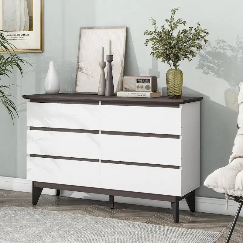 6-Drawer Double Dresser with Wide Drawers,White Dresser for Bedroom, Wood Storage Chest of Drawers for Living Room Hallway