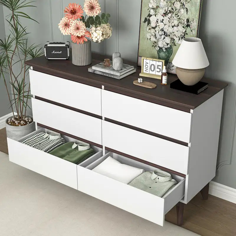 6-Drawer Double Dresser with Wide Drawers,White Dresser for Bedroom, Wood Storage Chest of Drawers for Living Room Hallway