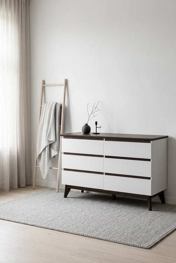 6-Schubladen-Doppelkommode mit breiten Schubladen, weiße Kommode für das Schlafzimmer, Aufbewahrungskommode aus Holz für Wohnzimmer und Flur